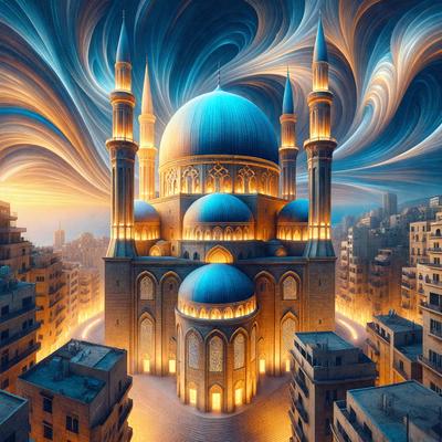 The primary subject of the image is a large, ornate mosque with a blue dome. The mosque is situated in a city, surrounded by tall buildings. The visual style of the image is digital art, with the mosque and its surroundings depicted in a vibrant and detailed manner. The colors and mood of the image are predominantly warm and inviting, with the blue dome and gold accents adding a touch of elegance and sophistication to the scene.